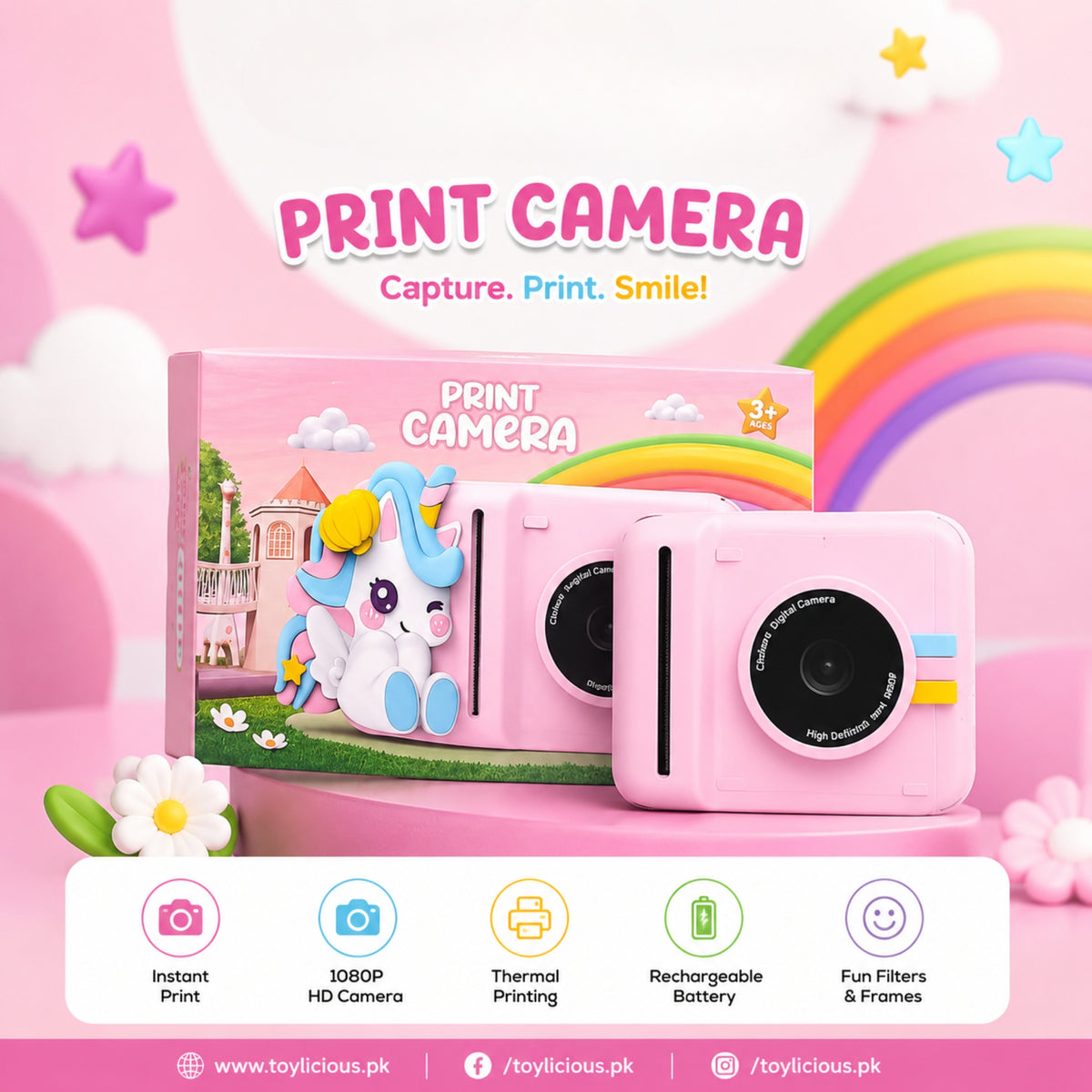 Kids Instant Print Camera with HD Photo & Thermal Printing | Pink Unicorn Camera