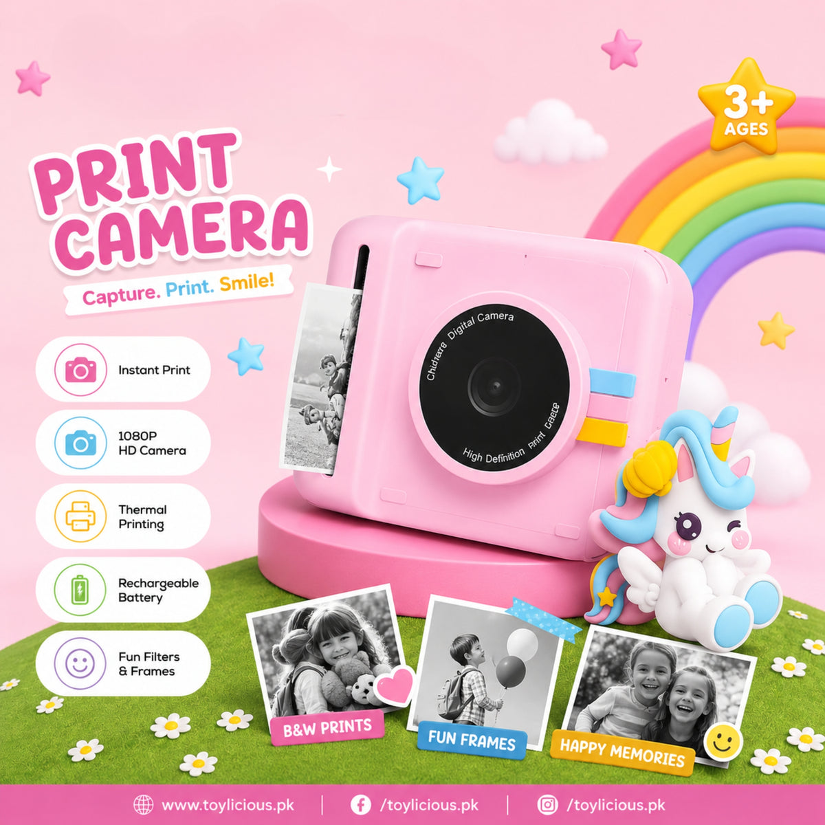 Kids Instant Print Camera with HD Photo & Thermal Printing | Pink Unicorn Camera