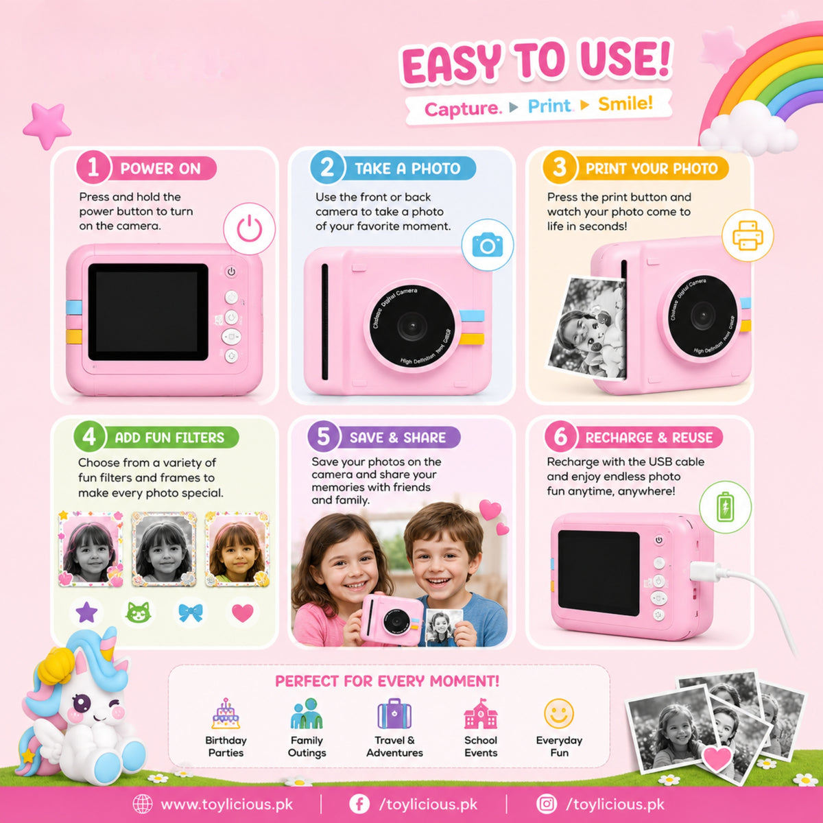 Kids Instant Print Camera with HD Photo & Thermal Printing | Pink Unicorn Camera