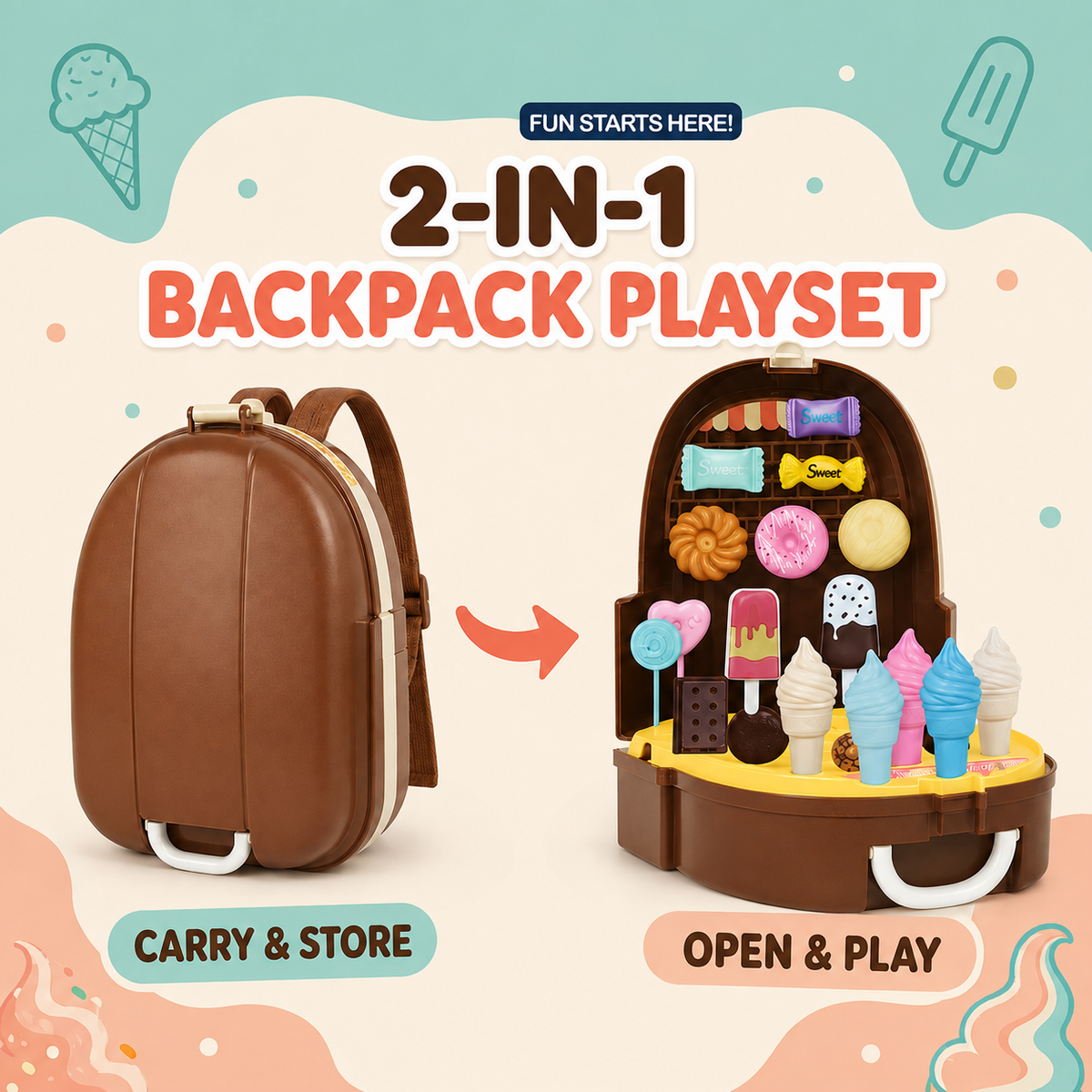 28-Piece Ice Cream & Donut Backpack Playset for Kids