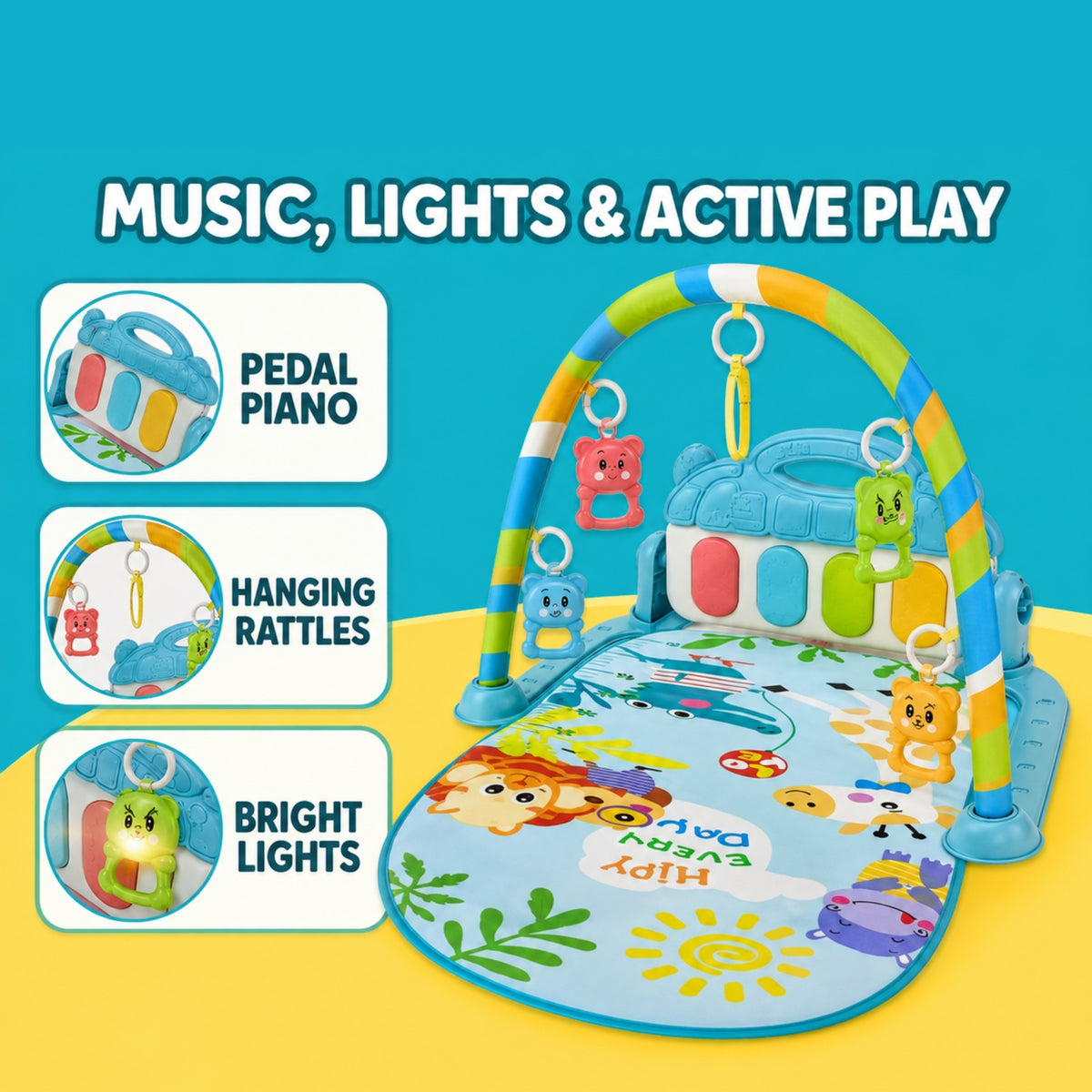 Baby Pedal Piano Play Gym with Music, Lights & Hanging Toys