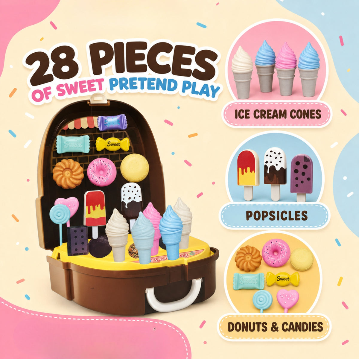 28-Piece Ice Cream & Donut Backpack Playset for Kids
