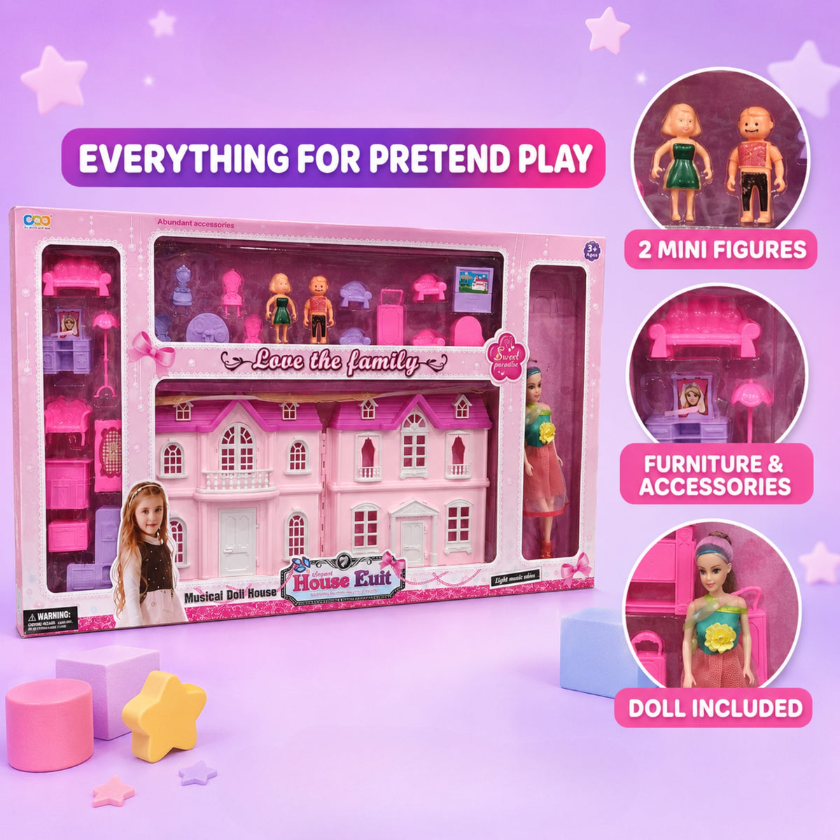 Musical Family Doll House Playset with Light & Sound, Dolls & Furniture