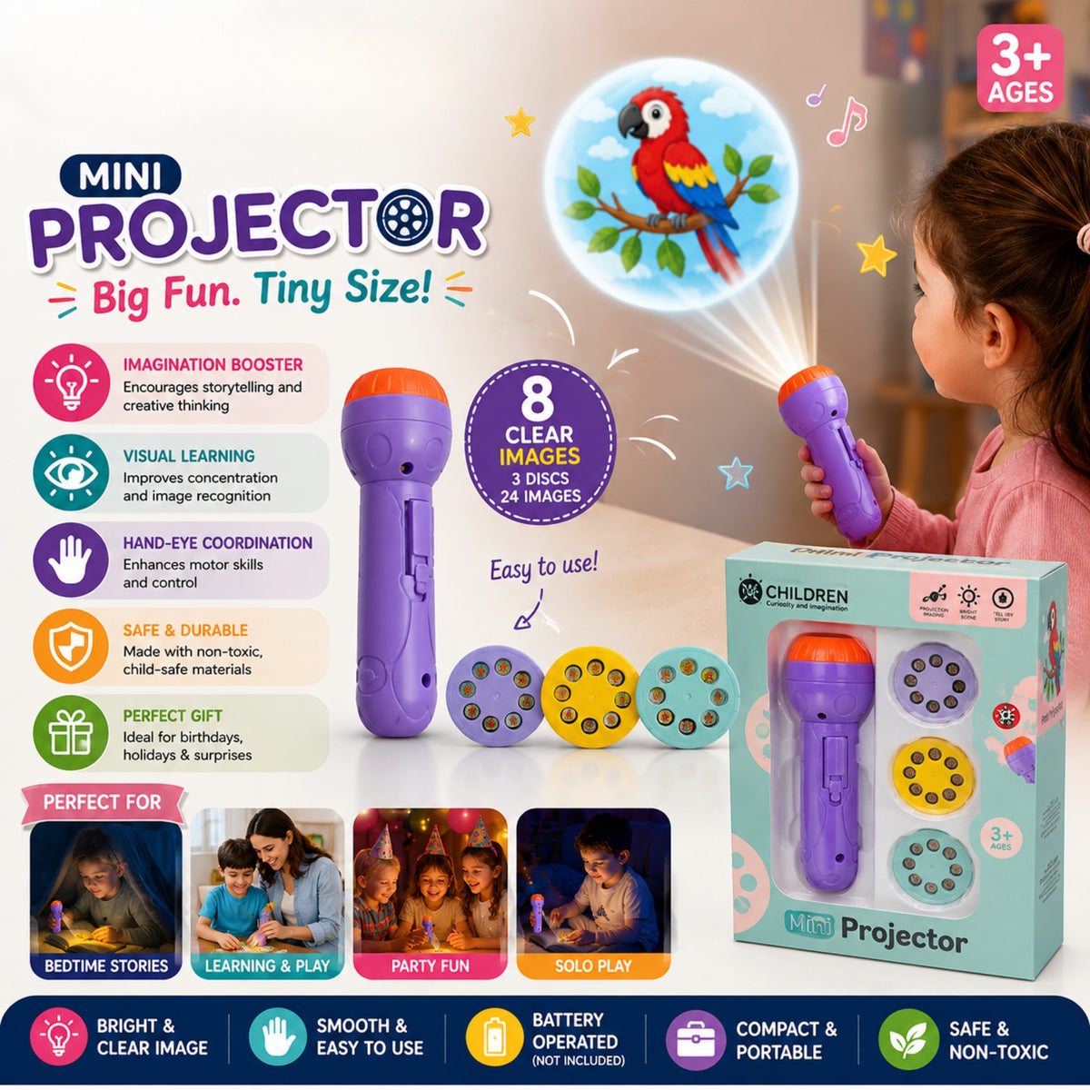MamamyToy Mini Projector Toy for Kids – 24 Images & 3 Discs