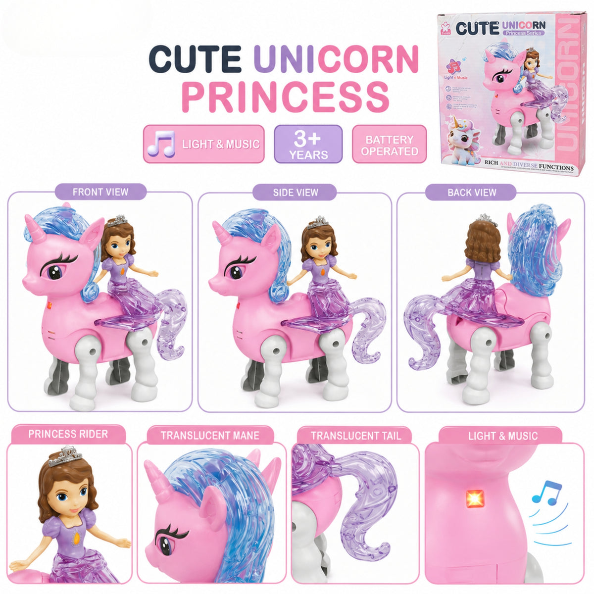 Cute Unicorn Princess Toy with Lights & Music