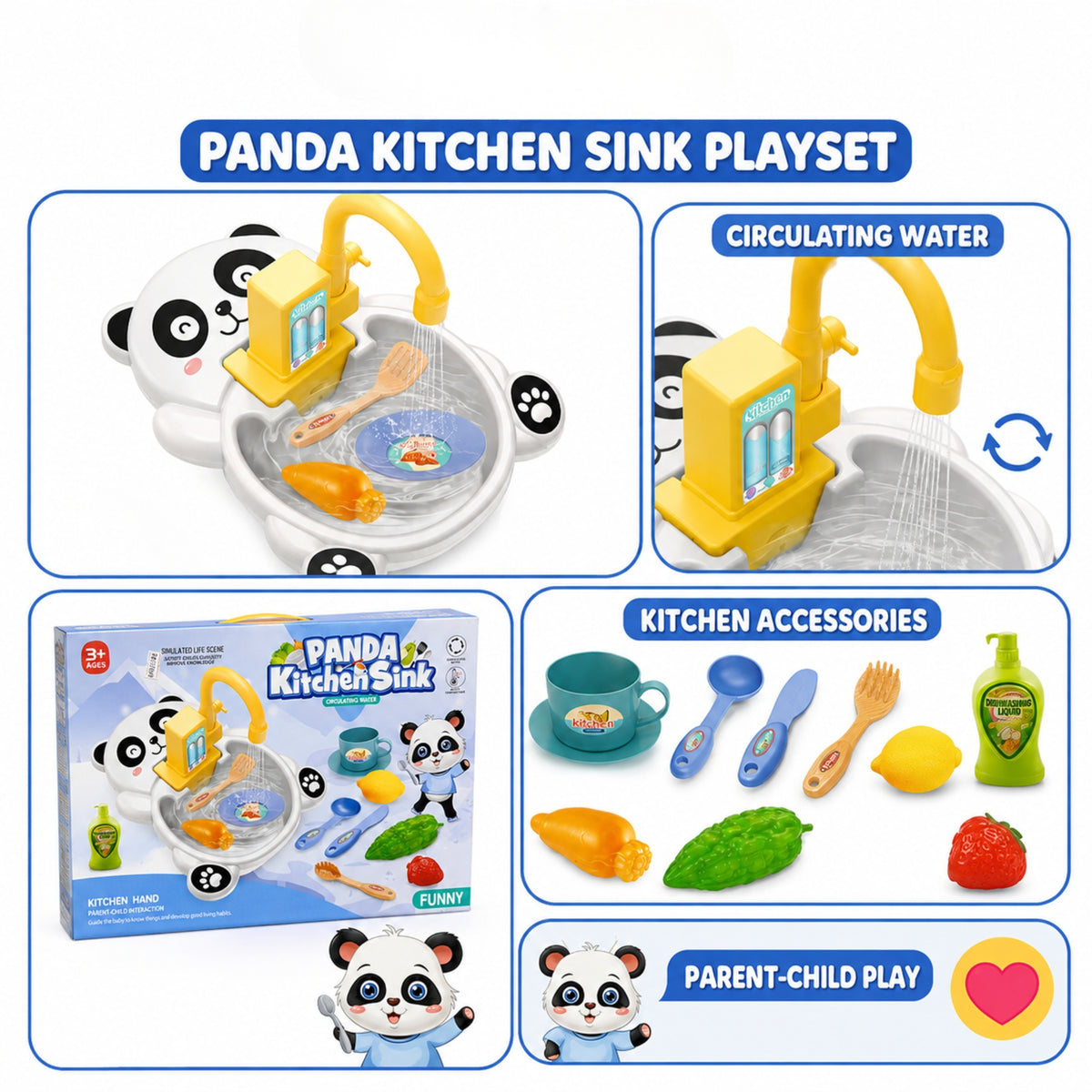 Panda Kitchen Sink Playset with Circulating Water