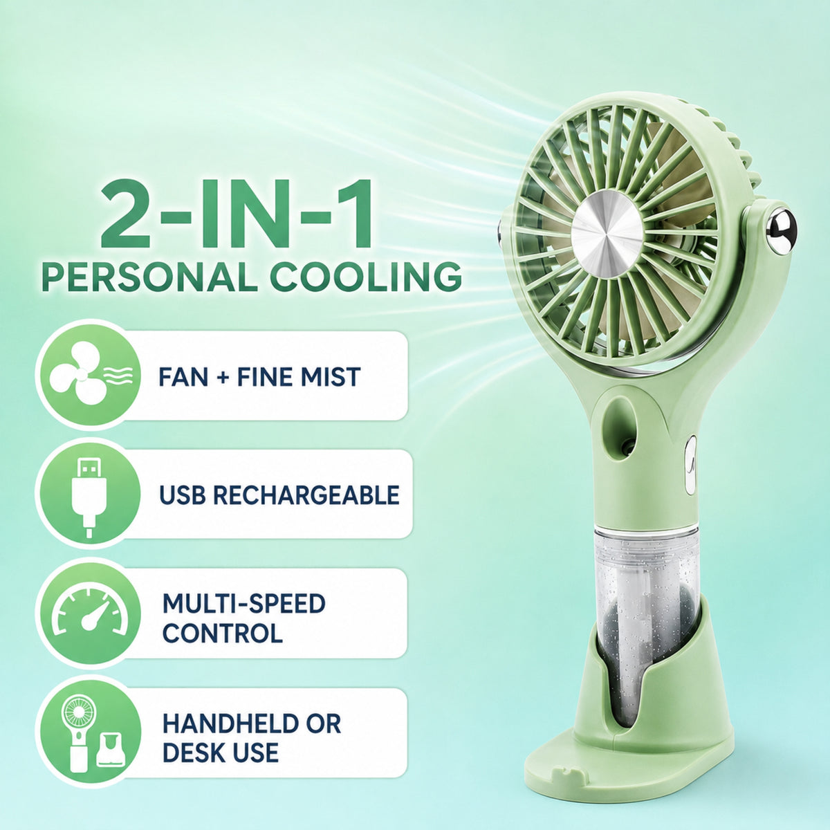 Rechargeable Handheld Mist Fan – 2-in-1 Portable Cooling